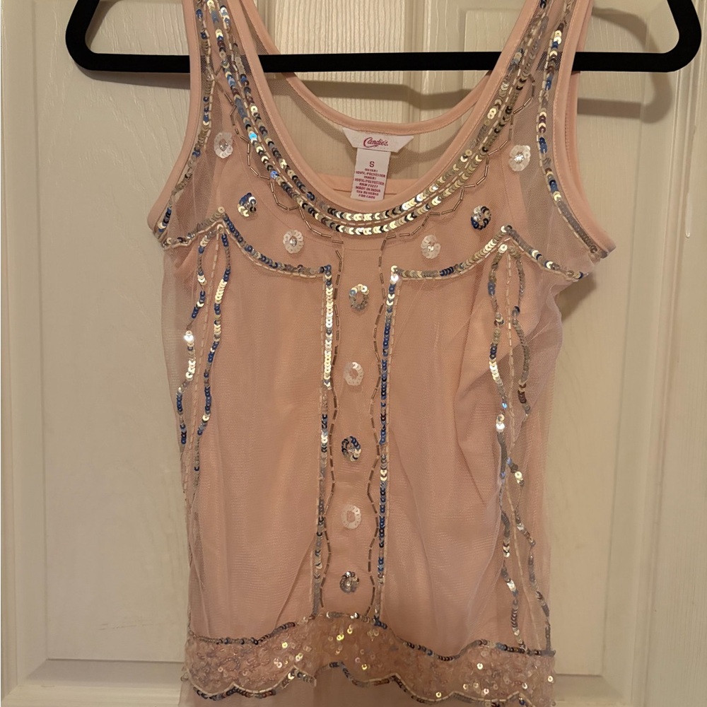 Candie's Blush Pink Sequin Mesh Tank